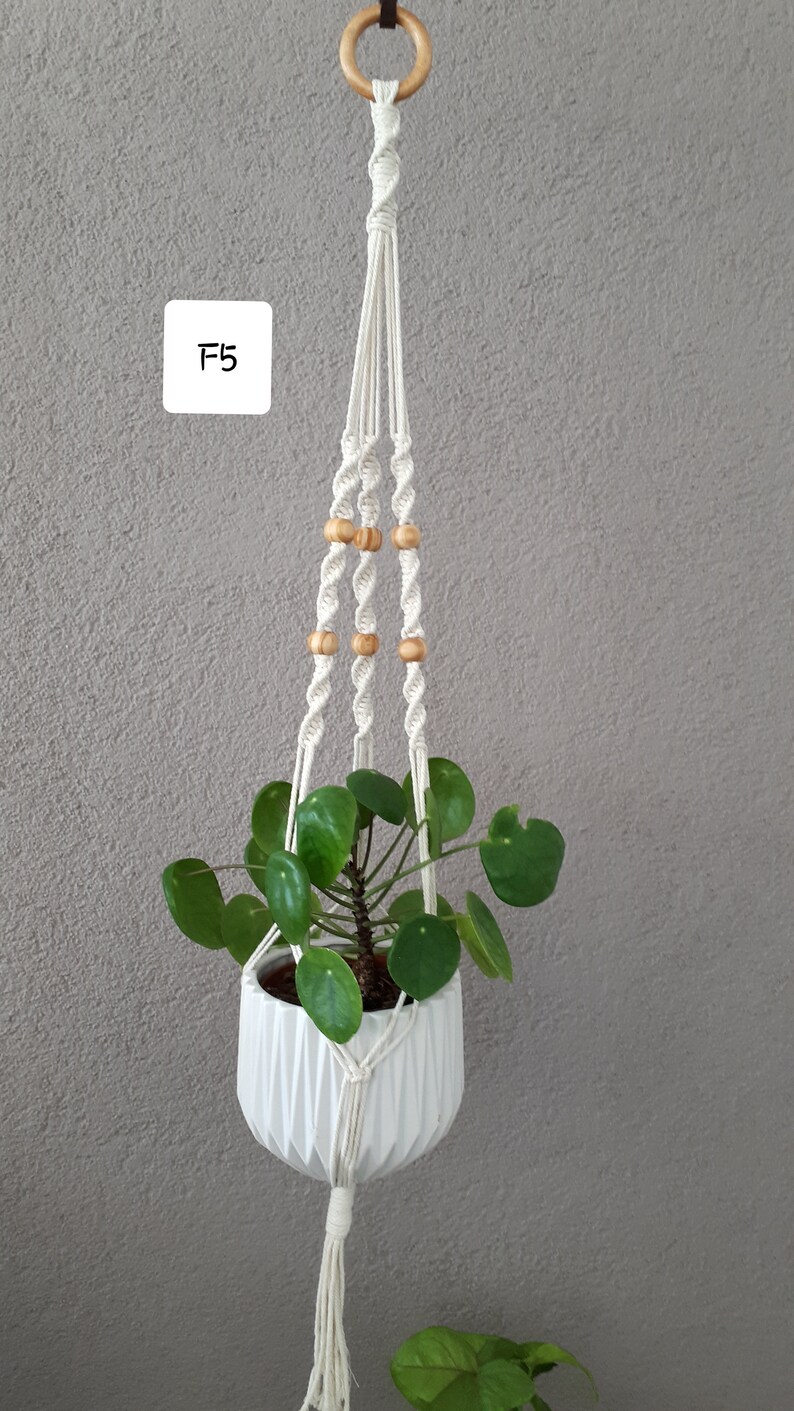 May include: White macrame plant hanger with wooden beads, holding a green plant in a white ceramic pot. The hanger is attached to a wooden ring.