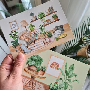 Bild Illustration Postkarte Zimmerpflanzen Pflanzen Wanddekoration Pilea Monstera Druck