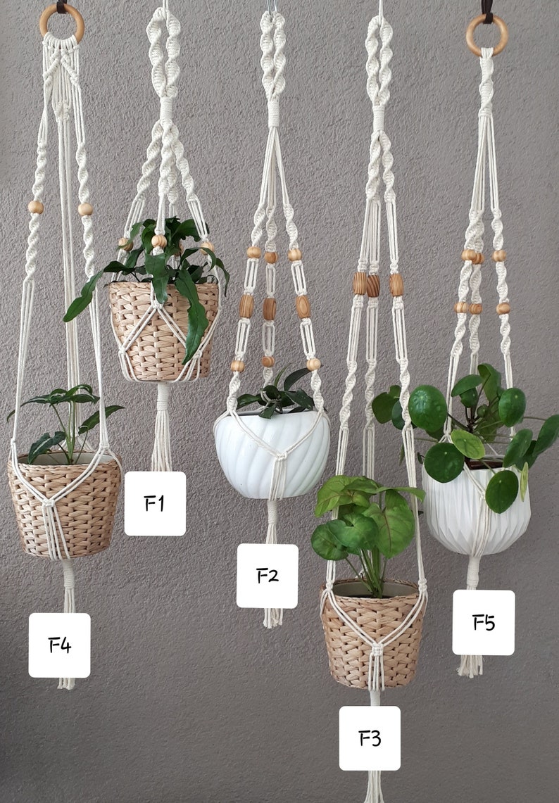 Fünf Makramee-Pflanzenhänger mit Holzperlen, jeder mit einer anderen Topfpflanze. Die Hänger sind aus weißem Baumwollschnur und haben ein schlichtes, minimalistisches Design. Es gibt die in verschiedenen Längen, und auch im SET enthältlich. Die Pflanzen befinden sich in verschiedenen Töpfen, darunter Weidengeflecht und weiße Keramik.