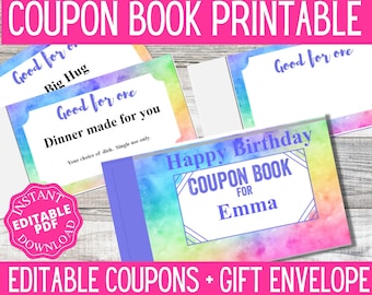 Verjaardagsbonboek afdrukbaar: bewerkbare doe-het-zelf-kortingsbonnen. Gepersonaliseerde cadeau-idee. DIY last-minute cadeau. Afdrukbare blanco couponboeksjabloon