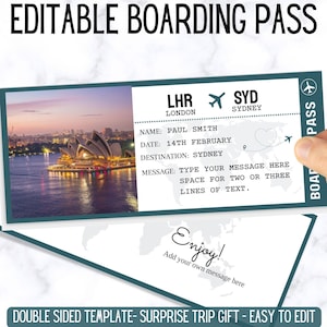 Boarding Pass Editable Template : Surprise trip fake plane ticket travel gift.  Surprise flight or surprise holiday. Last minute gift.