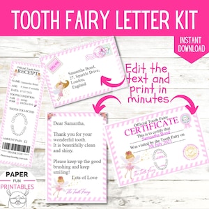 Tooth Fairy Letter| INSTANT EDITABLE Personalized Tooth Fairy Kit- lost tooth certificate, envelope, letter & receipt