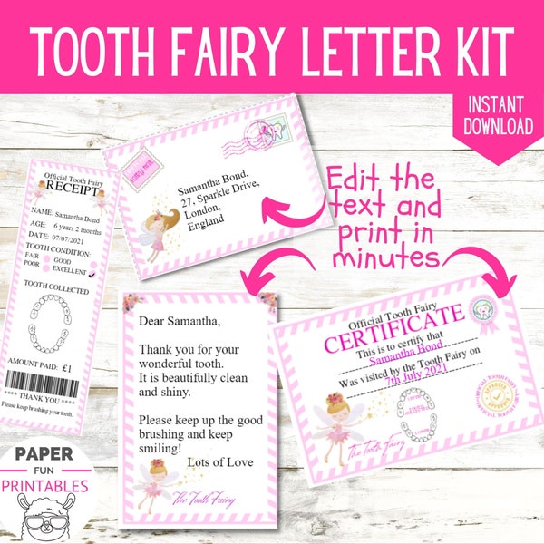 Carta da Fada do Dente | Kit de fada do dente personalizado EDITÁVEL INSTANTÂNEO - certificado de dente perdido, envelope, carta e recibo