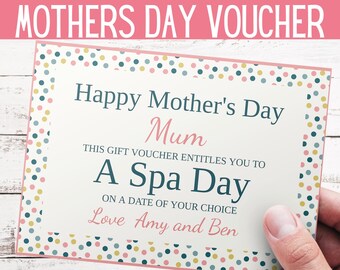 May include: A printable Mother's Day gift voucher with a pink, blue, and gold polka dot background. The voucher says "Happy Mother's Day Mum This gift voucher entitles you to A Spa Day on a date of your choice Love Amy and Ben".