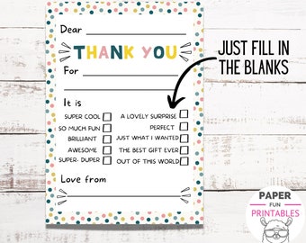 PRINTABLE Thank You Cards For Kids | Fill in the blanks thank you card | Easy thank you note for birthday thank you or Christmas thank you