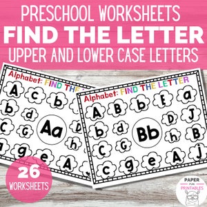 May include: Two preschool worksheets with the text "FIND THE LETTER" and "UPPER AND LOWER CASE LETTERS". Each worksheet features a cloud-shaped border with letters of the alphabet. The worksheets are designed for educational activities.