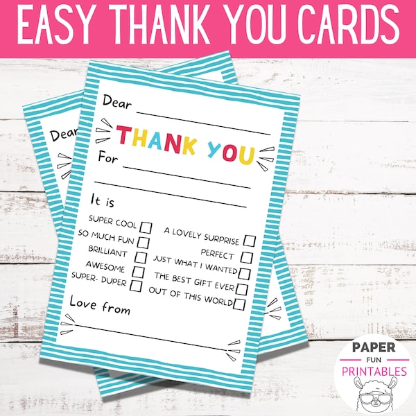 PRINTABLE Thank You Cards For Kids | BLUE Fill in thank you card | DIY thank you note for birthday thank you or Christmas thank you