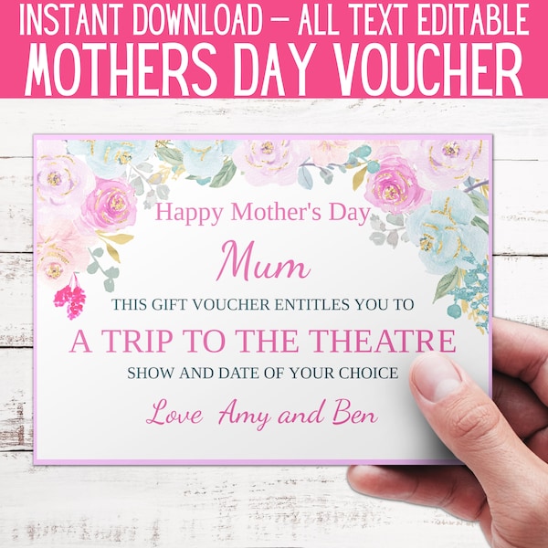 Mother's Day Gift Voucher Template. Mother's Day present. Last minute gift for mum.  Printable Mother's Day coupon floral. Editable voucher