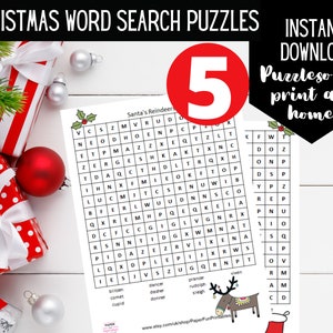 Christmas Word Search PRINTABLE- Digital download 5 Christmas word puzzles.  Christmas activity for kids.