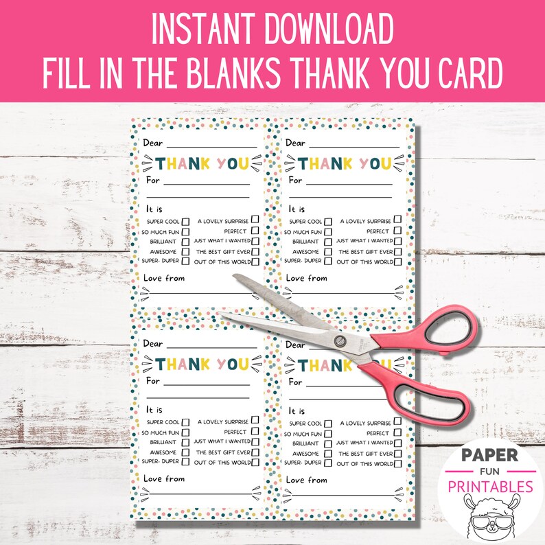 PRINTABLE Thank You Cards for Kids Fill in the Blanks Thank | Etsy