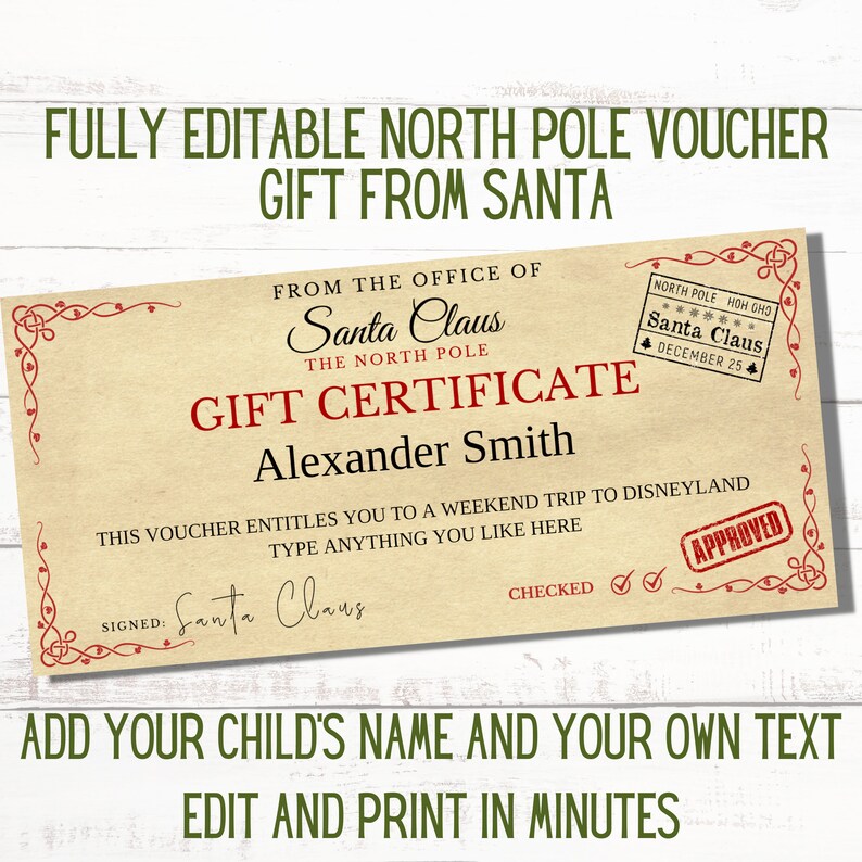 Santa Gift Voucher, Christmas voucher template, Santa Claus voucher. Kids Christmas money voucher from Santa. North Pole gift. image 7