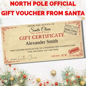 Santa Gift Voucher, Christmas voucher template, Santa Claus voucher. Kids Christmas money voucher from Santa. North Pole gift. image 1