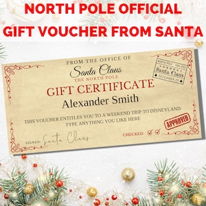 Santa Gift Voucher, Christmas voucher template, Santa Claus voucher. Kids Christmas money voucher from Santa. North Pole gift. image 1