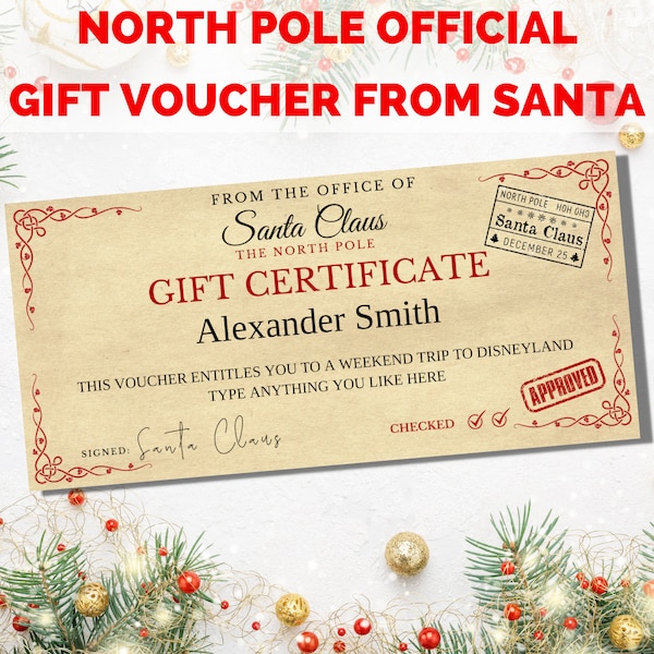 Santa Gift Voucher, Christmas voucher template, Santa Claus voucher. Kids Christmas money voucher from Santa. North Pole gift.