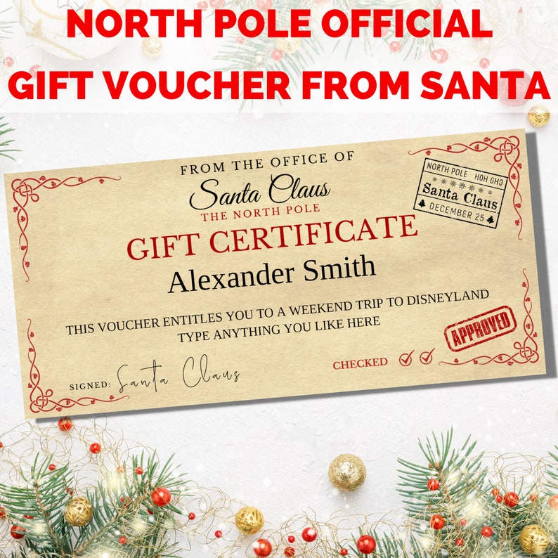 Santa Gift Voucher, Christmas voucher template, Santa Claus voucher. Kids Christmas money voucher from Santa. North Pole gift. image 1