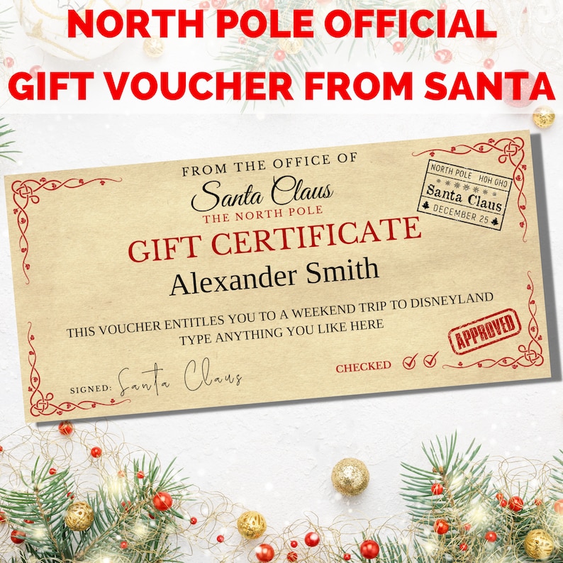 Santa Gift Voucher, Christmas voucher template, Santa Claus voucher. Kids Christmas money voucher from Santa. North Pole gift. image 1