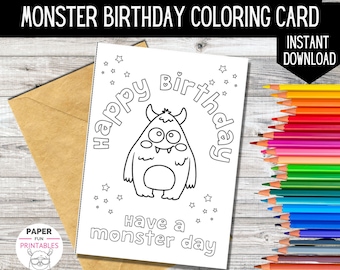 Monster gelukkige verjaardag kleurkaart | Kleur je eigen monsterfeest-verjaardagskaart | Digitaal DOWNLOADEN | Wenskaarten kleuren voor kinderen |