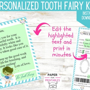 May include: A printable tooth fairy kit with a green and blue striped background. The kit includes a letter from the tooth fairy and a receipt for the tooth. The text on the receipt is editable and includes the name, age, date, and tooth condition. The receipt also includes a space for the amount paid and a thank you message.