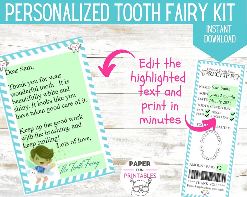 May include: A printable tooth fairy kit with a green and blue striped background. The kit includes a letter from the tooth fairy and a receipt for the tooth. The text on the receipt is editable and includes the name, age, date, and tooth condition. The receipt also includes a space for the amount paid and a thank you message.