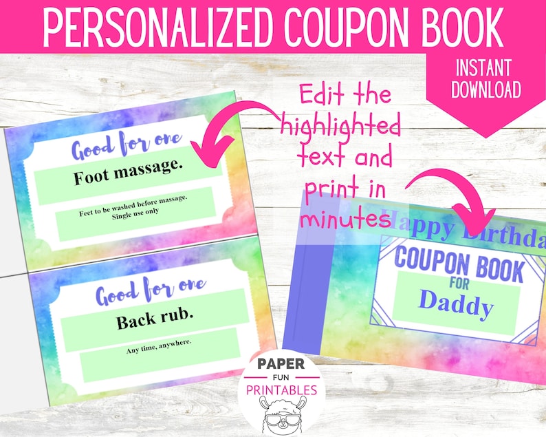 Birthday Coupon Book Printable : Editable DIY Coupons. Personalized ...