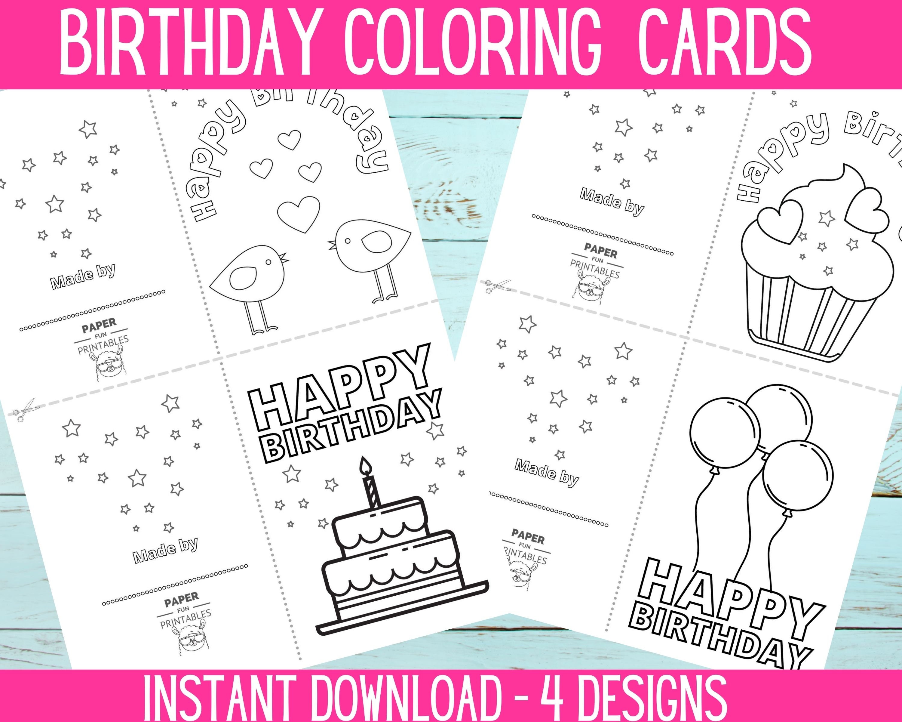 printable birthday coloring cards color your own diy etsy