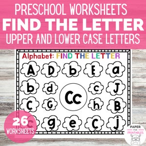 May include: A preschool worksheet with the text "PRESCHOOL WORKSHEETS FIND THE LETTER UPPER AND LOWER CASE LETTERS." The worksheet features the alphabet with upper and lowercase letters in cloud shapes. The text "26 WORKSHEETS" is also visible.