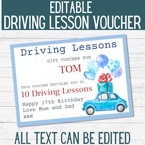 Driving Lesson Gift Voucher Template. Driving lessons gift card. Learner driver 17th birthday gift.  Editable voucher learn to drive gift