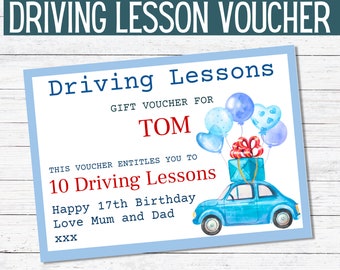 Sjabloon voor cadeaubon rijles. Cadeaubon voor rijlessen. Leerling chauffeur 17e verjaardagscadeau.  Bewerkbare voucher om cadeau te leren rijden