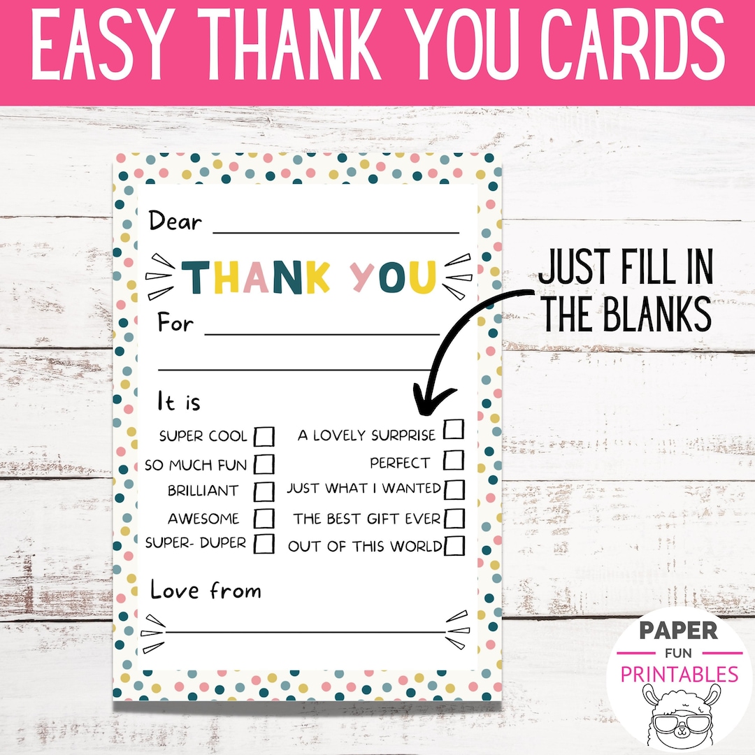 PRINTABLE Thank You Cards for Kids | Fill in the Blanks Thank You Card ...