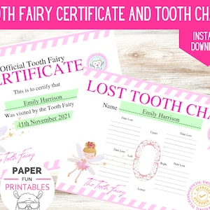 Certificado de diente perdido / Certificado de hada de los dientes personalizado EDITABLE INSTANTE para el primer diente y tabla dental imprimible