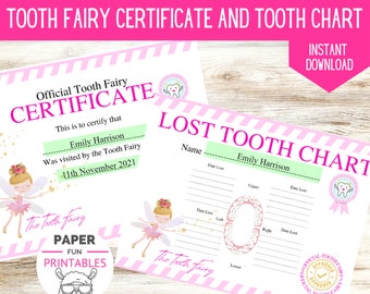 Lost Tooth Certificate| INSTANT EDITABLE Personalized Tooth Fairy certificate for first tooth and printable tooth chart