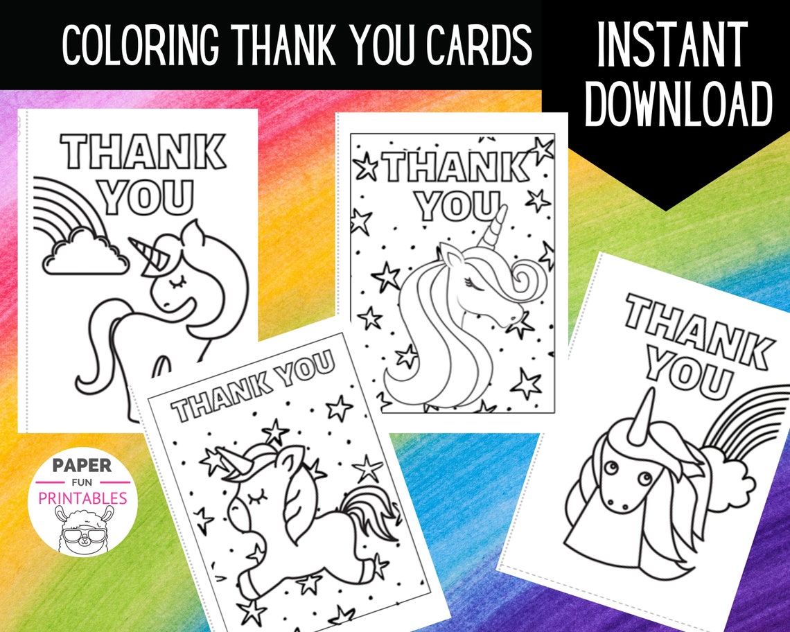 PRINTABLE Unicorn Coloring Thank You Cards DIY Unicorn Thank Etsy