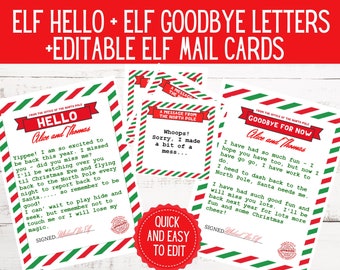 May include: Printable Elf Hello and Goodbye letters for kids. The letters are red, green, and white with a striped pattern. The letters are editable and say "Hello Alice and Thomas" and "Goodbye for Now Alice and Thomas".