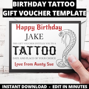 Tattoo Gift Voucher Template : Tattoo voucher birthday gift. Editable voucher tattoo gift card. Tattoo print at home custom gift certificate