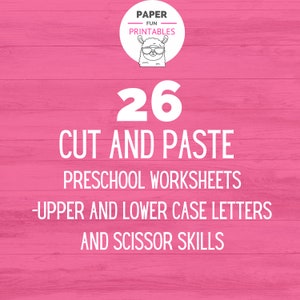 Puede incluir: Un fondo rosa con una llama blanca con gafas de sol y el texto "PAPER FUN PRINTABLES" encima. Debajo de la llama est&aacute; el n&uacute;mero "26" en blanco, seguido del texto "CUT AND PASTE PRESCHOOL WORKSHEETS -UPPER AND LOWER CASE LETTERS AND SCISSOR SKILLS" en blanco.