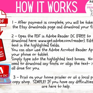 May include: A pink and white graphic with the text "HOW IT WORKS" in large, bold, white letters. The graphic explains how to download and edit a PDF file using Adobe Reader DC. The graphic also includes a small image of a llama wearing glasses and the text "PAPER FUN PRINTABLES".