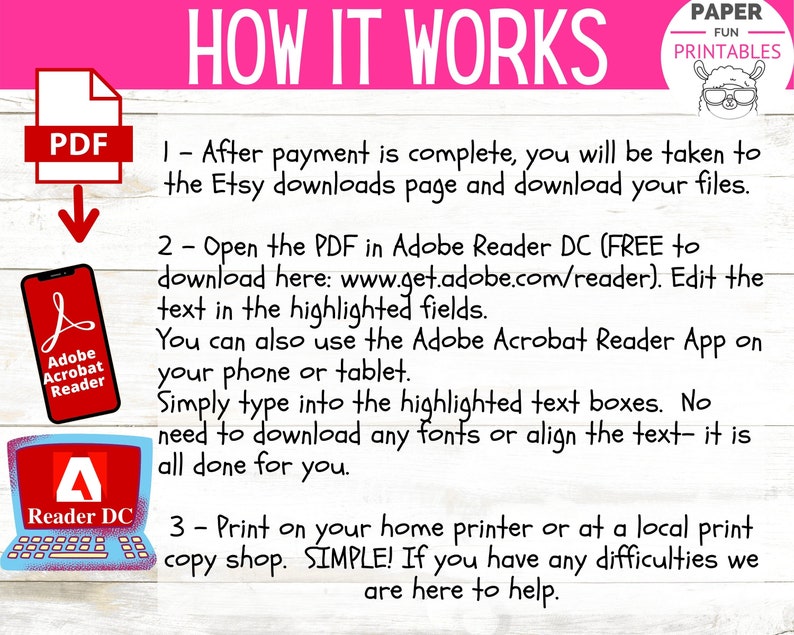 May include: A pink and white graphic with the text "HOW IT WORKS" in large, bold, white letters. The graphic explains how to download and edit a PDF file using Adobe Reader DC. The graphic also includes a small image of a llama wearing glasses and the text "PAPER FUN PRINTABLES".