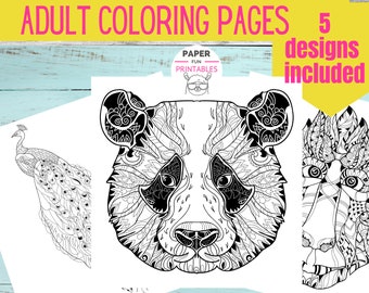 Könnte beinhalten: Fünf Schwarzweiß-Malvorlagen mit filigranen Designs eines Pfaus, eines Pandas und anderer Tiere. Der Text "Adult Coloring Pages" und "5 designs included" ist oben im Bild sichtbar.