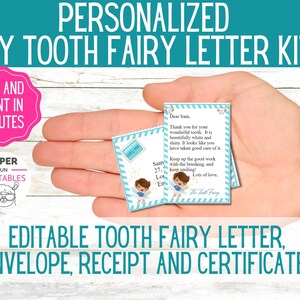 May include: A printable tooth fairy letter kit for a boy. The kit includes a letter, envelope, receipt, and certificate. The letter is blue with white stripes and features a cartoon tooth fairy with a boy's tooth. The text on the letter reads "Dear Sam, Thank you for your wonderful tooth. It is beautifully white and shiny. It looks like you have taken good care of it. Keep up the good work with the brushing, and keep smiling! Lots of love, The Tooth Fairy."