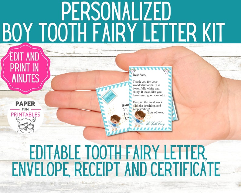 May include: A printable tooth fairy letter kit for a boy. The kit includes a letter, envelope, receipt, and certificate. The letter is blue with white stripes and features a cartoon tooth fairy with a boy's tooth. The text on the letter reads "Dear Sam, Thank you for your wonderful tooth. It is beautifully white and shiny. It looks like you have taken good care of it. Keep up the good work with the brushing, and keep smiling! Lots of love, The Tooth Fairy."