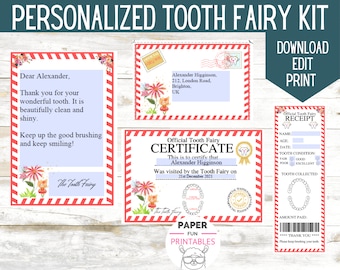 Zahnfee Buchstabe| SOFORT EDITIERBARE Unisex Tooth Fairy Letter Kit- Zertifikat, Umschlag, Brief & Quittung | Druckbare Zahnfee Notiz