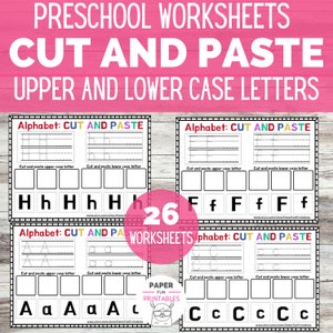 Puede incluir: Un conjunto de 26 hojas de trabajo imprimibles para preescolar para cortar y pegar letras may&uacute;sculas y min&uacute;sculas. Las hojas de trabajo presentan las letras H, F y A, con l&iacute;neas para trazar y casillas para pegar las letras.