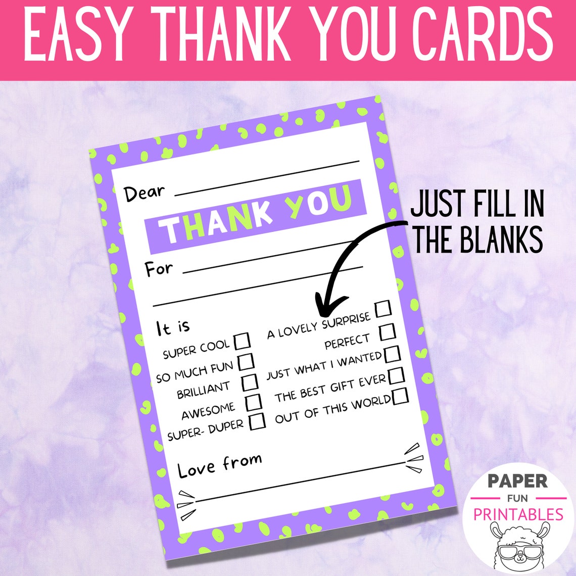 PRINTABLE Thank You Cards for Kids Fill in the Blanks Thank - Etsy