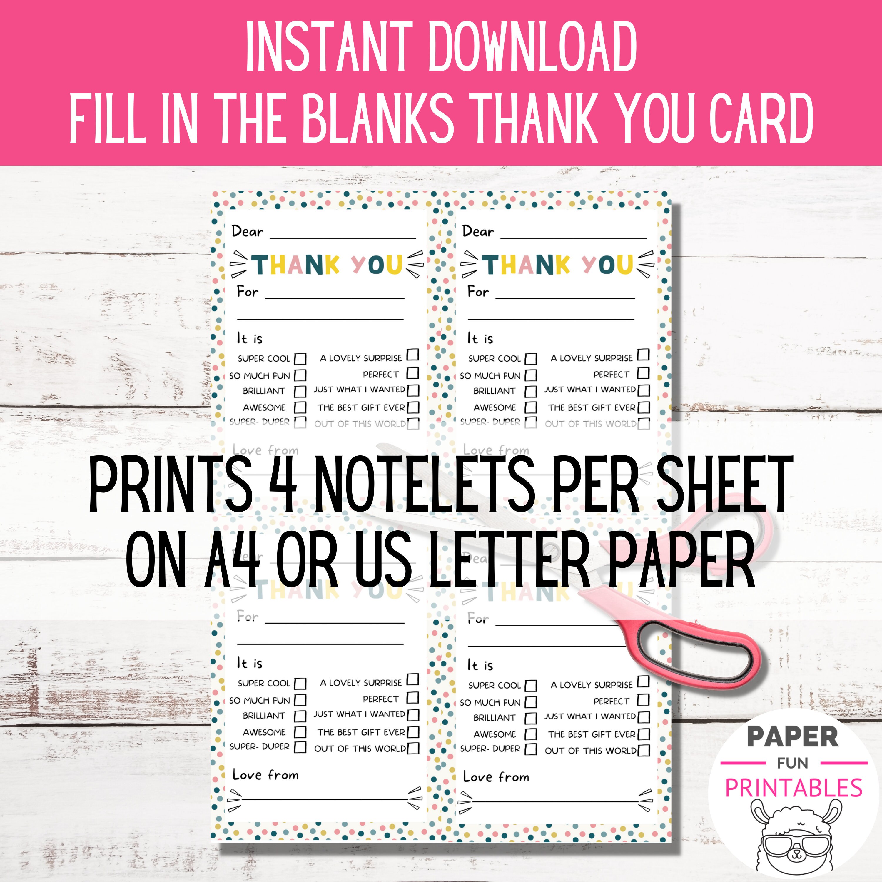 PRINTABLE Thank You Cards for Kids | Fill in the Blanks Thank You Card ...