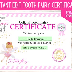 Lost Tooth Certificate| INSTANT EDITABLE Personalized Tooth Fairy ...