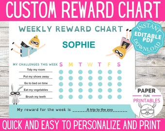 Editable Reward Chart | Customized Chore Chart | Personalized Behaviour Chart | Instant download| Superhero Printable Reward Chart for girls