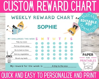 Editable Reward Chart | Customized Chore Chart | Personalized Behaviour Chart | Instant download| Superhero Printable Reward Chart for girls