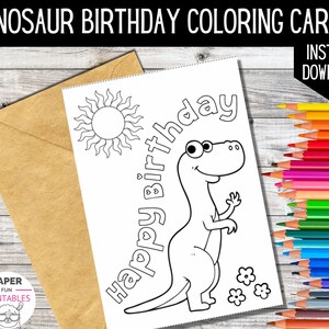 Carte de coloriage d'anniversaire DINOSAURE | Colorez votre propre carte d'anniversaire de fête de dinosaure | TÉLÉCHARGEMENT numérique | Cartes de voeux à colorier pour enfants |
