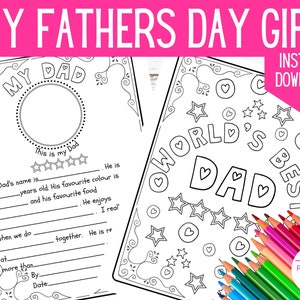 May include: Two printable coloring pages for Father's Day. The first page says "My Dad" and has a space to write about your dad. The second page says "World's Best Dad" with hearts and stars. Both pages are black and white.