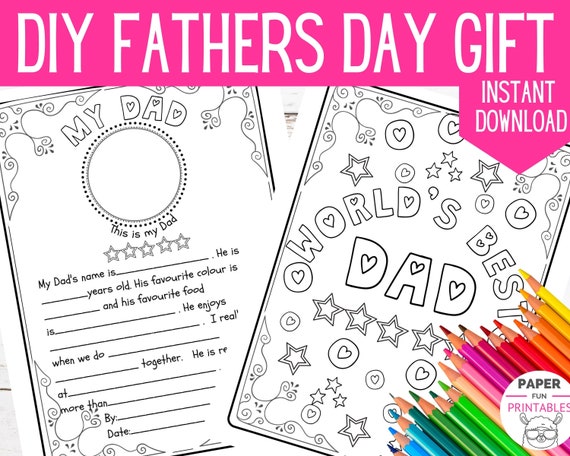 Father's Day Gift: All About My Dad, Father's Day Printable. Fill in the blanks Coloring Page for Dad.  DIY Fathers Day Dad gift from kids.